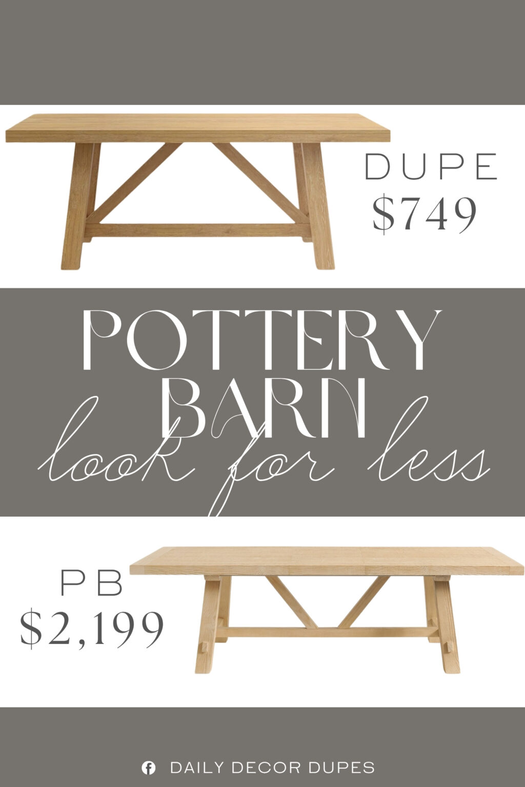 Pottery Barn Farmhouse Trestle Dining Table Dupe. It's crafted with a solid and engineered wood frame, and it features angled legs with cross-brace support for a rustic aesthetic.