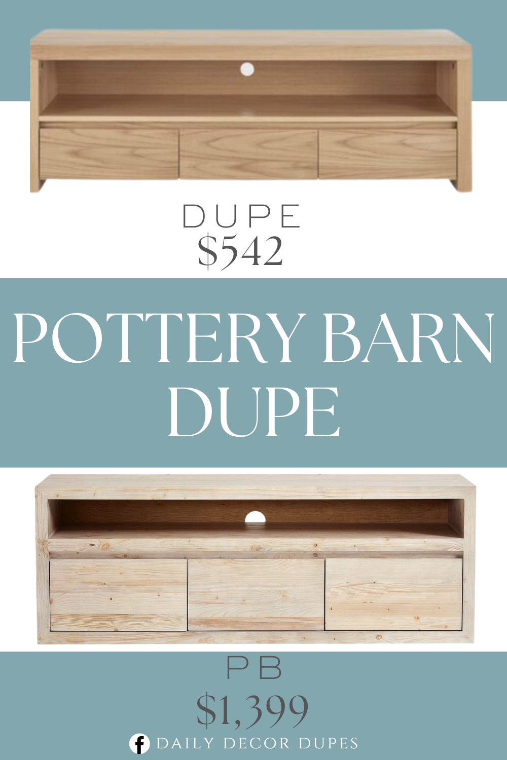 Pottery Barn Folsom 3-Drawer Media Console Dupe. Features three drawers for storage, a wide shelf for your electronics, and a back hole for convenient cable management.