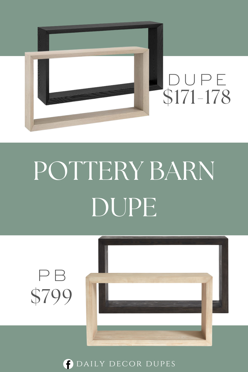 Pottery Barn Folsom Console Table Dupes. Wood grain tabletop. Natural wood-look finish. Black and Alder White colors.