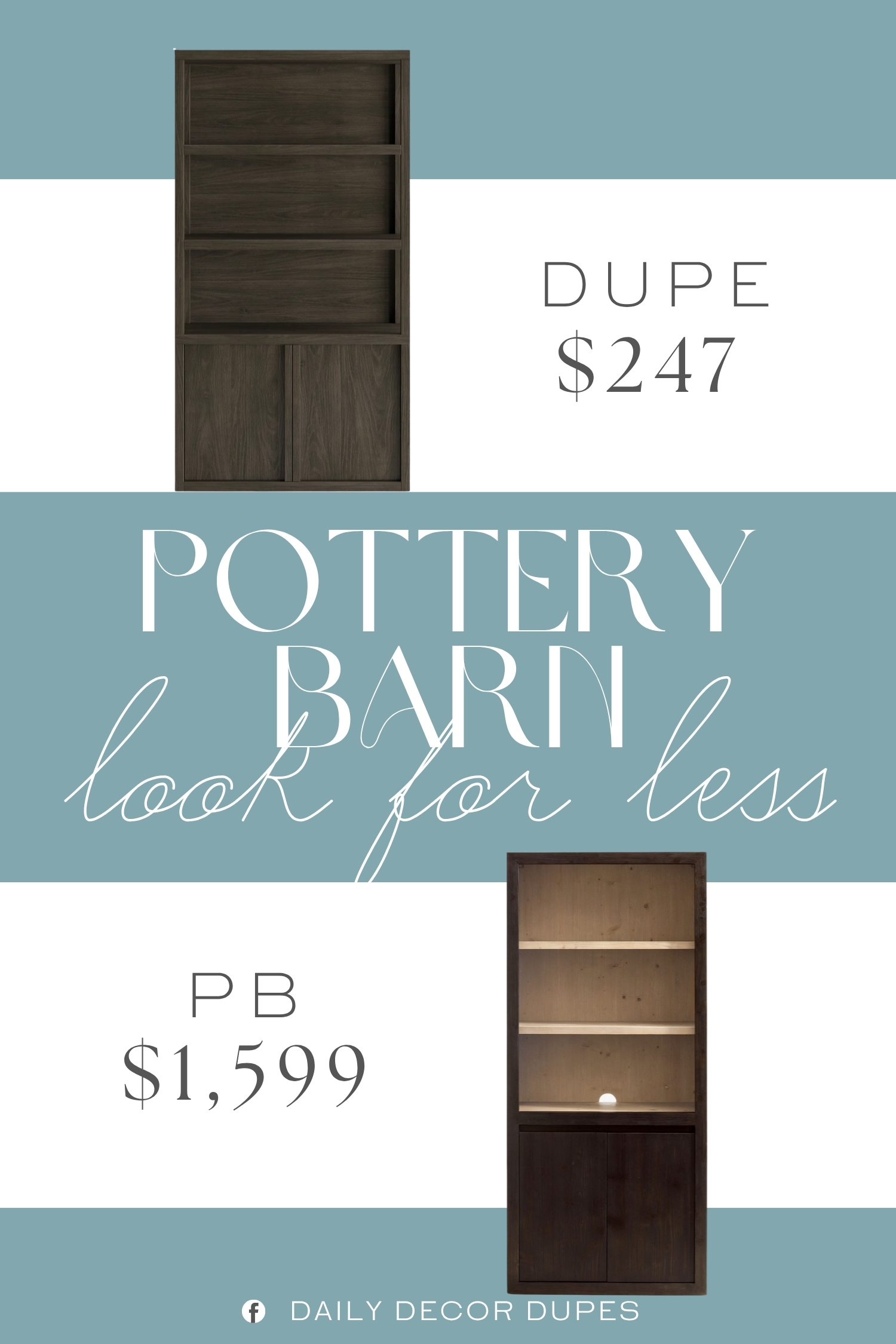 Pottery Barn Folsom Two-Toned Bookcase with Doors Dupe. Finished in a warm wood tone, with flush wood handles on each cabinet door. Doors swing open and feature an adjustable shelf inside the cabinet as well.