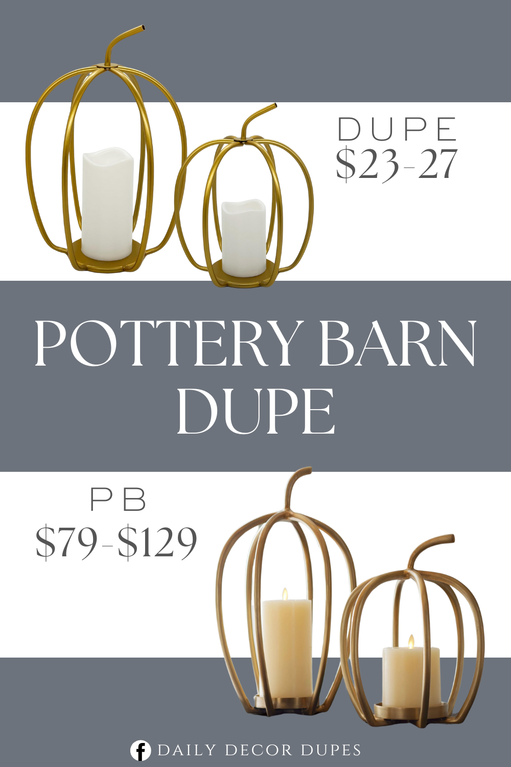 Pottery Barn Handcrafted Fallon Pumpkin Candleholder Dupe. Color gold. Painted finish. Polypropylene, Iron Material. Product dimensions 8.98"L x 8.98"W x 13.58"H and 8.98"L x 8.98"W x 11.22"H.