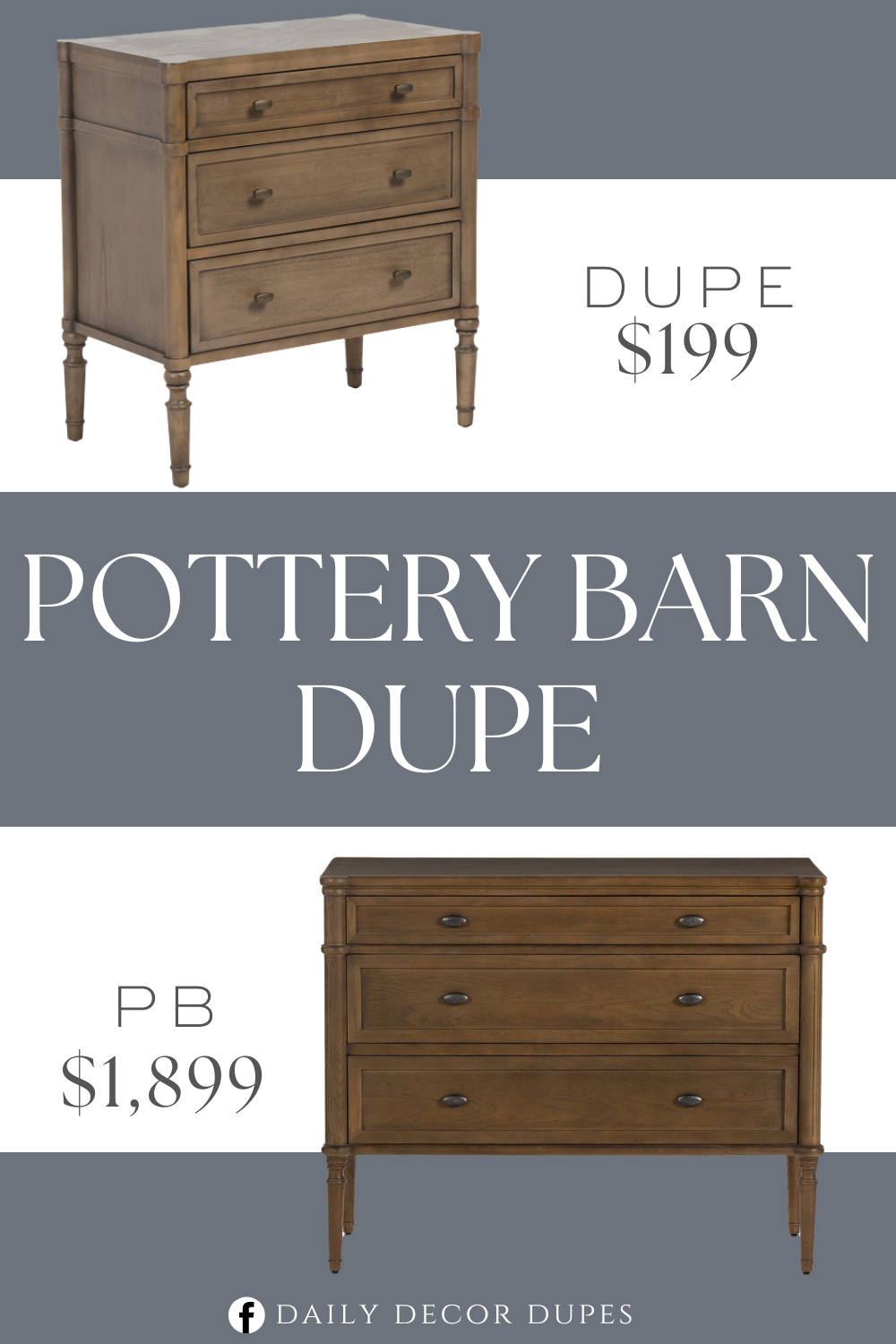 Pottery Barn Hugo 3-Drawer Dresser Dupe. 3 drawers for ample storage, spindle legs. Walnut finish. brass tone hardware. Product dimension 28in W x 30.25in H x 16in L.