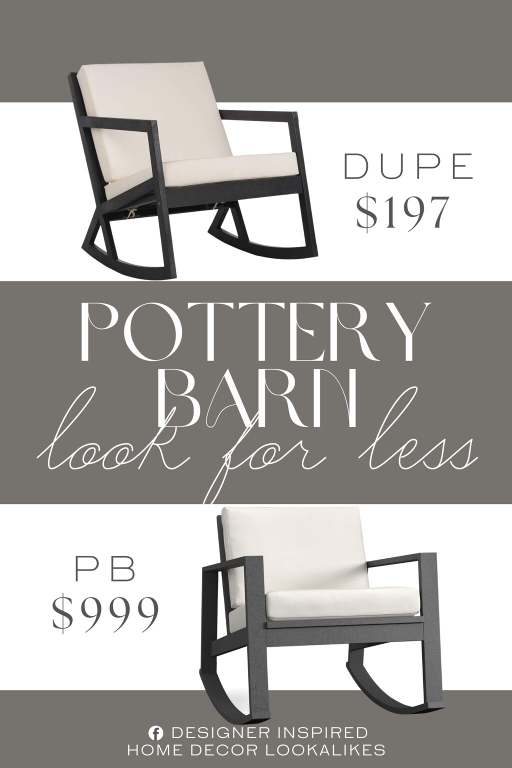 Pottery Barn Indio Metal Rocking Outdoor Lounge Chair Dupe. Crafted of Eucalyptus wood and upholstered in polyester. The Black finish and White Upholstery of this Rocking Chair will add the perfect accent to any outdoor space.