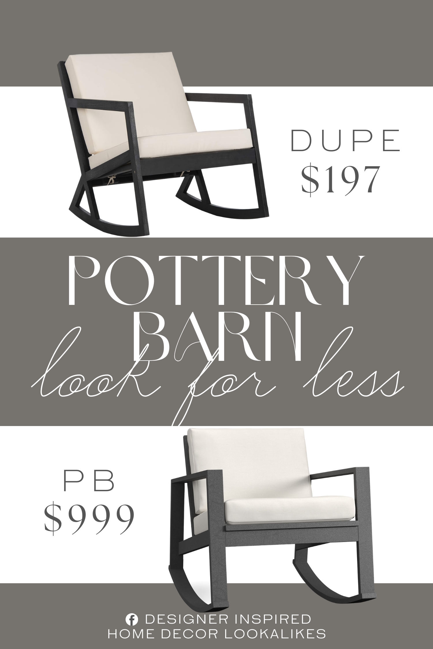 Pottery Barn Indio Metal Rocking Outdoor Lounge Chair Dupe. Crafted of Eucalyptus wood and upholstered in polyester. The Black finish and White Upholstery of this Rocking Chair will add the perfect accent to any outdoor space.