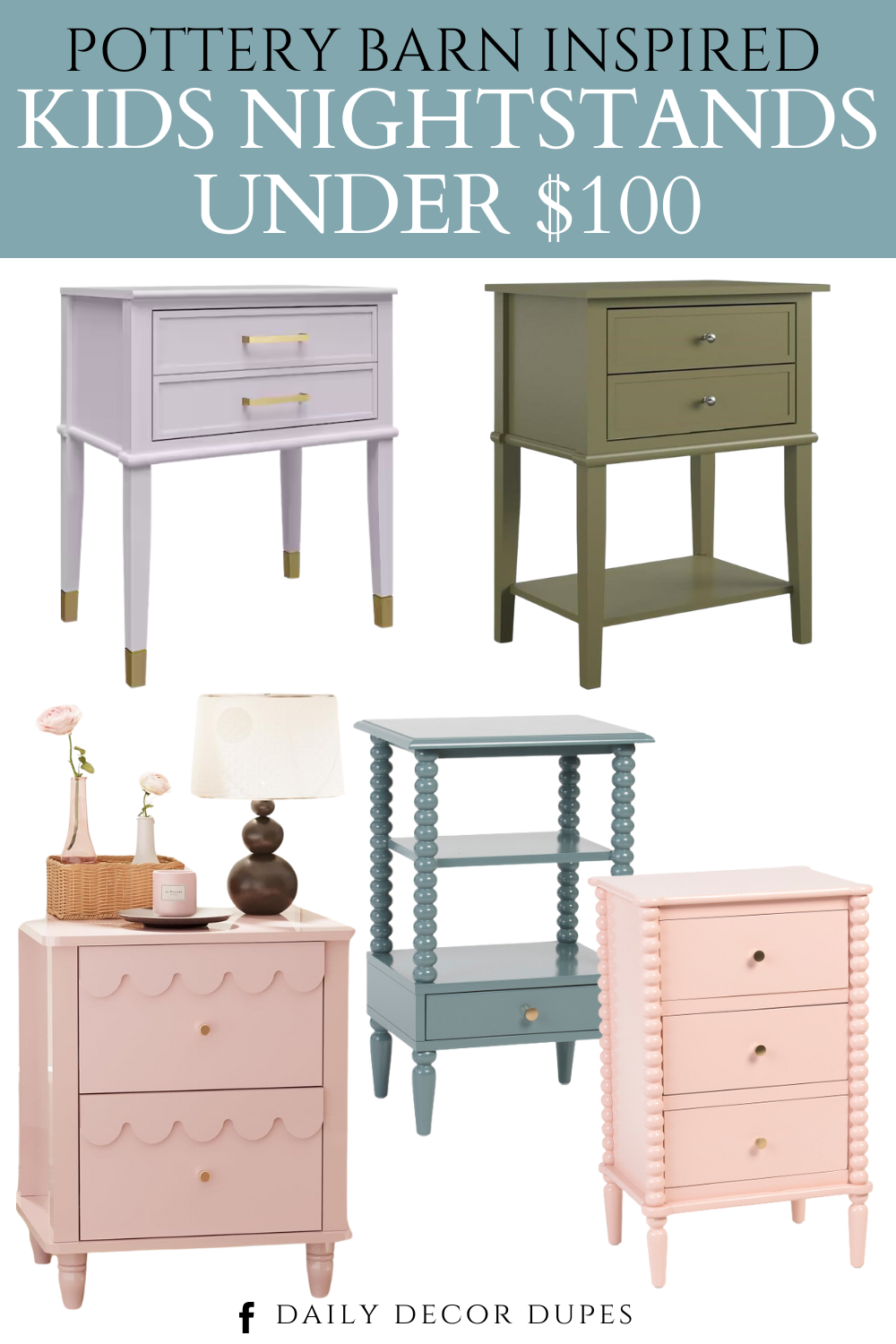 Pottery Barn Inspired Kids Nightstands Under $100. Light pink 3 drawer bedside table. Dark Blue Side Table With Drawer. Olive Green Accent Table with 2 drawers. Lavender End Table with Drawer. Pink Nightstand Side End Table with 2 Drawers. Cute side table with drawer. Minimalist kids nightstands.