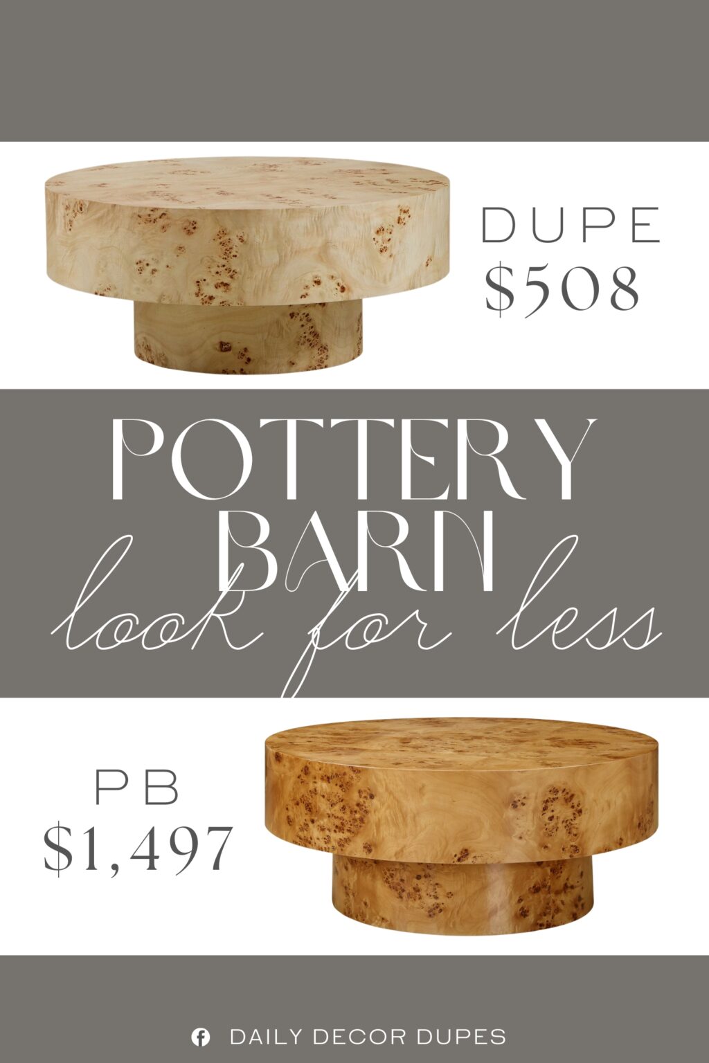 Pottery Barn Karry Round Coffee Table Dupe. this round coffee table featuring a rich burl wood veneer and a stable pedestal base.