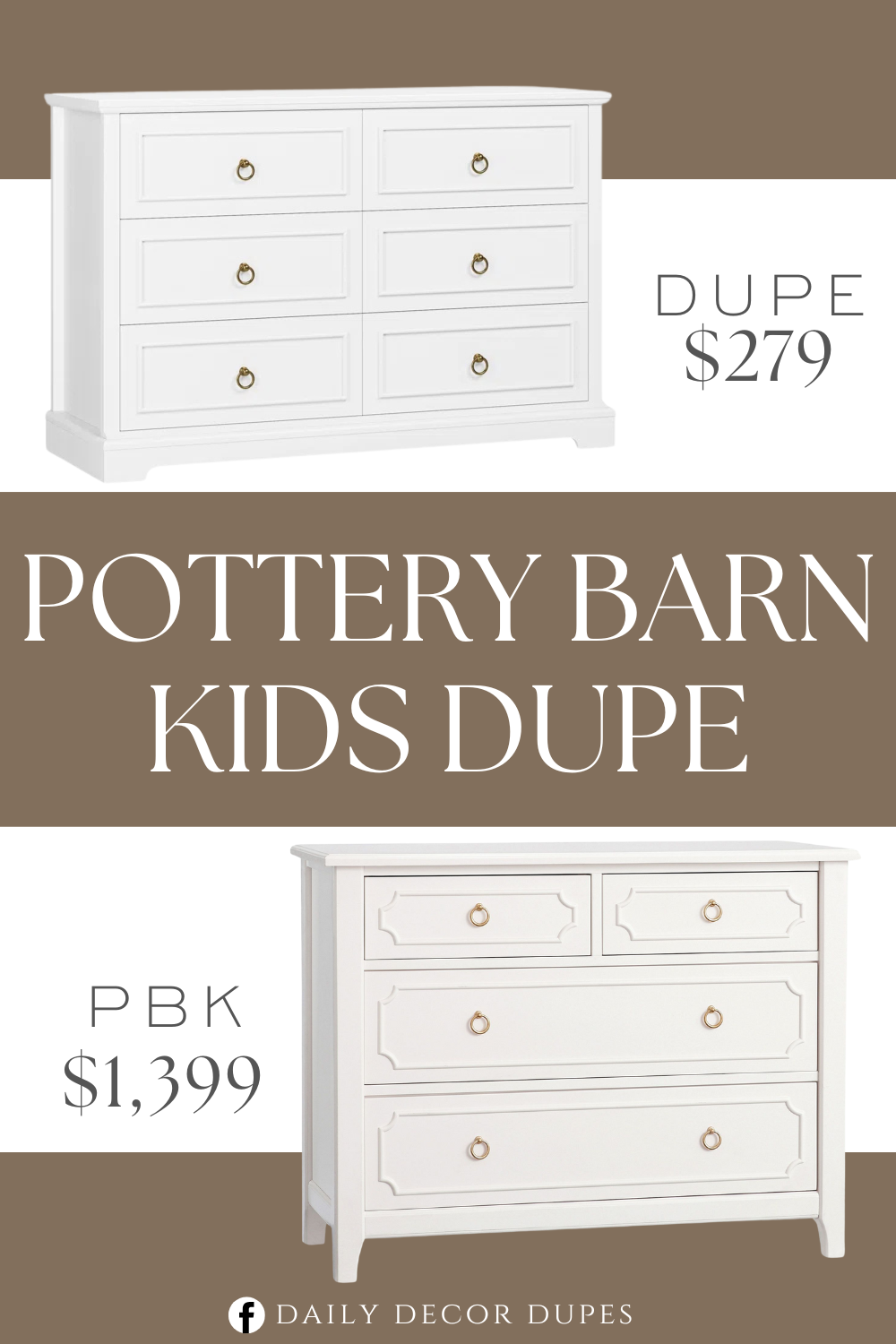 Pottery Barn Kids Ava Regency 4-Drawer Dresser Dupe. This dresser is made from engineered wood, and it rests on short, tapered feet. The six spacious drawers open on metal roller glides, revealing room for clothes, extra linens, and delicates.