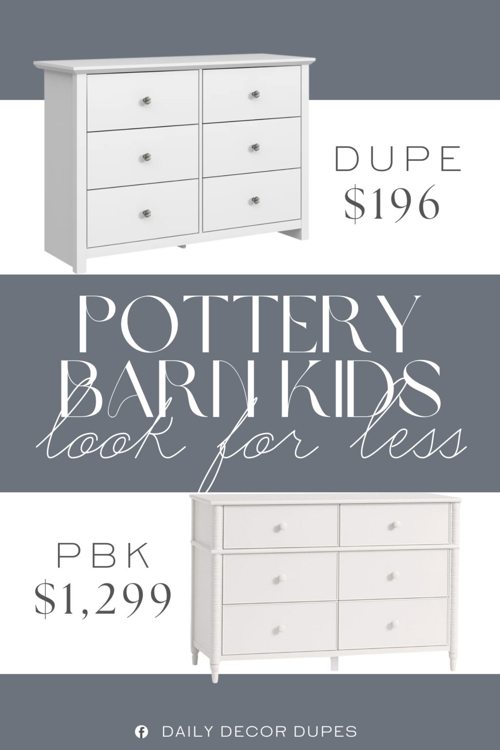 Pottery Barn Kids Elsie 6-Drawer Dresser Dupe. Crafted from engineered wood, it features a chamfered top panel that adds subtle depth and character to the frame.