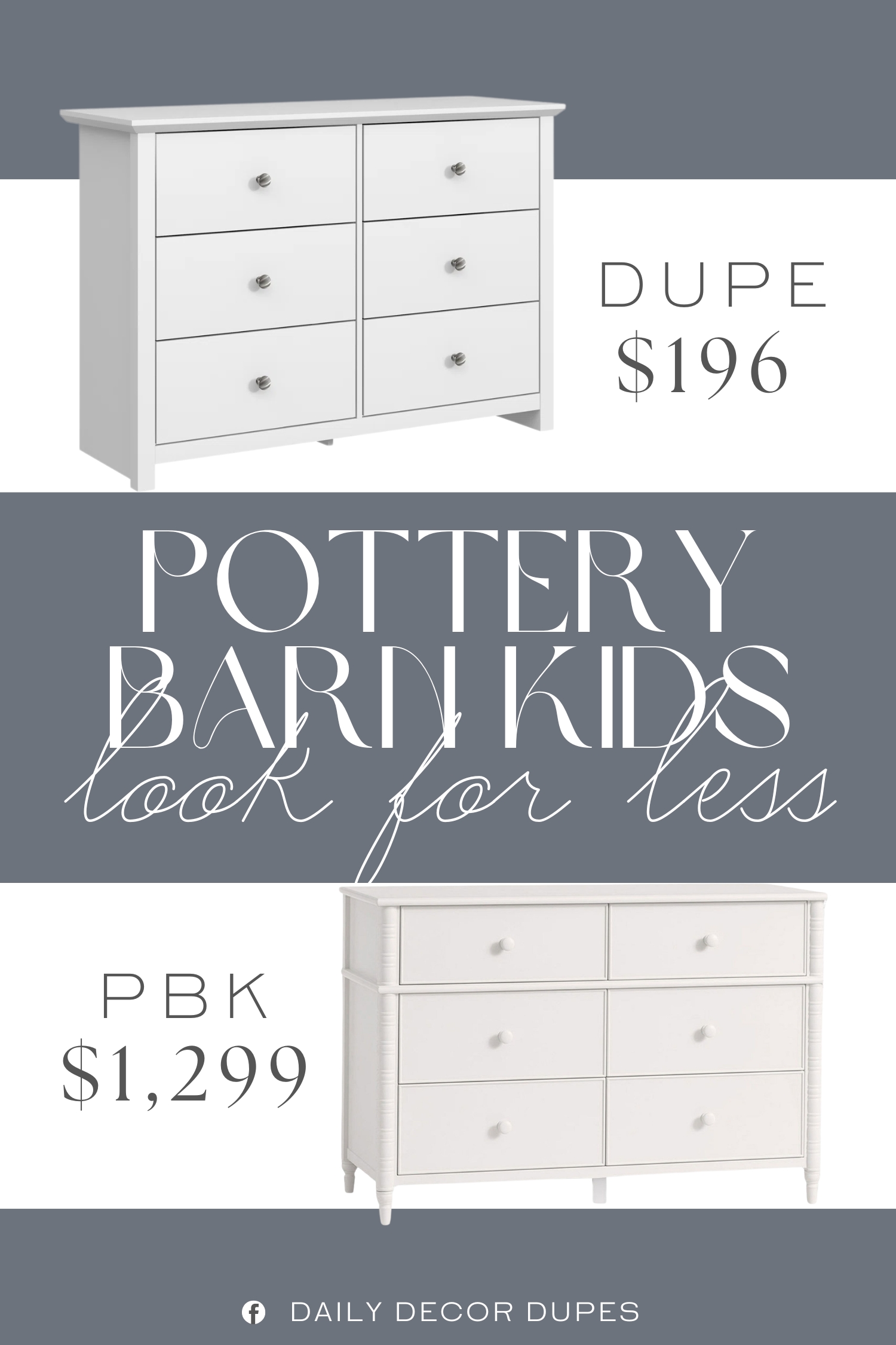 Pottery Barn Kids Elsie 6-Drawer Dresser Dupe. Crafted from engineered wood, it features a chamfered top panel that adds subtle depth and character to the frame.