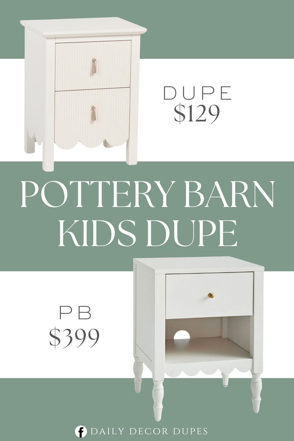 Pottery Barn Kids Penny Nightstand Dupe. 2 drawers for ample storage. Ribbed design and scalloped edges. Gold tone handles and 4 legs. Painted finish. Gold tone hardware. Wood/ metal. Overall dimension 18in W x 23.5in H x 14in L.