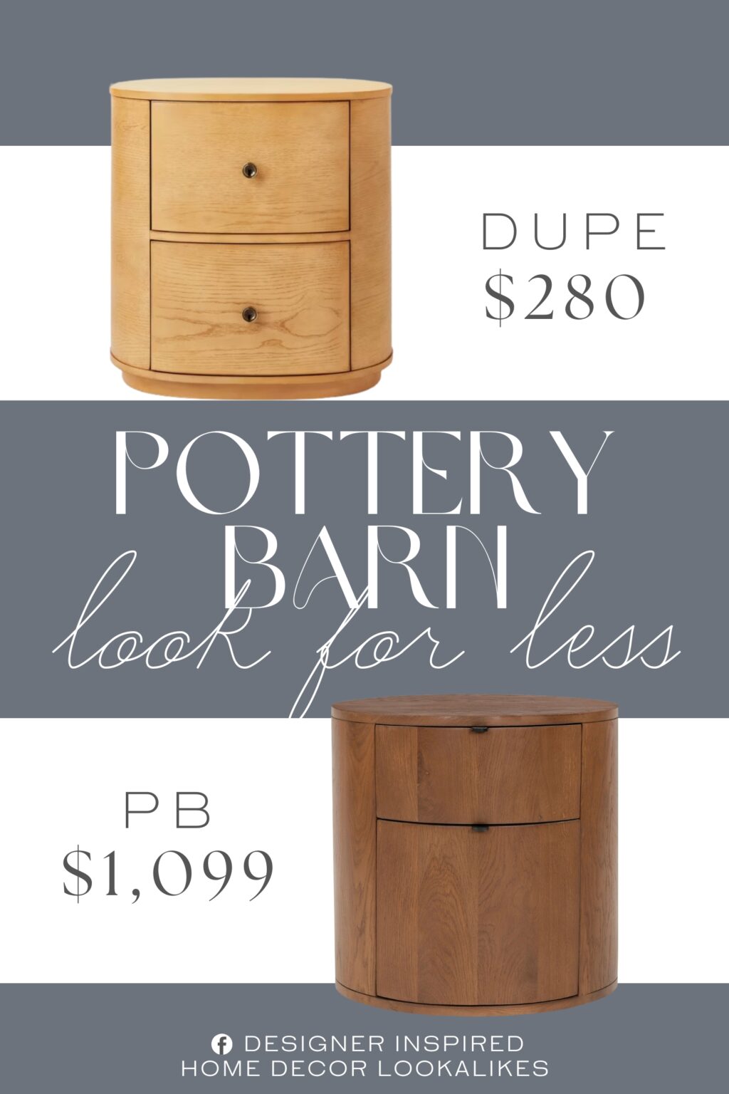 Pottery Barn Klint 2-Drawer Round Nightstand Dupe. This nightstand features an oval shape with built-in drawers to provide ample space for your small items, while adding a beautiful look to your bedroom. Made with wood, this brown nightstand integrates well into all the decor styles.