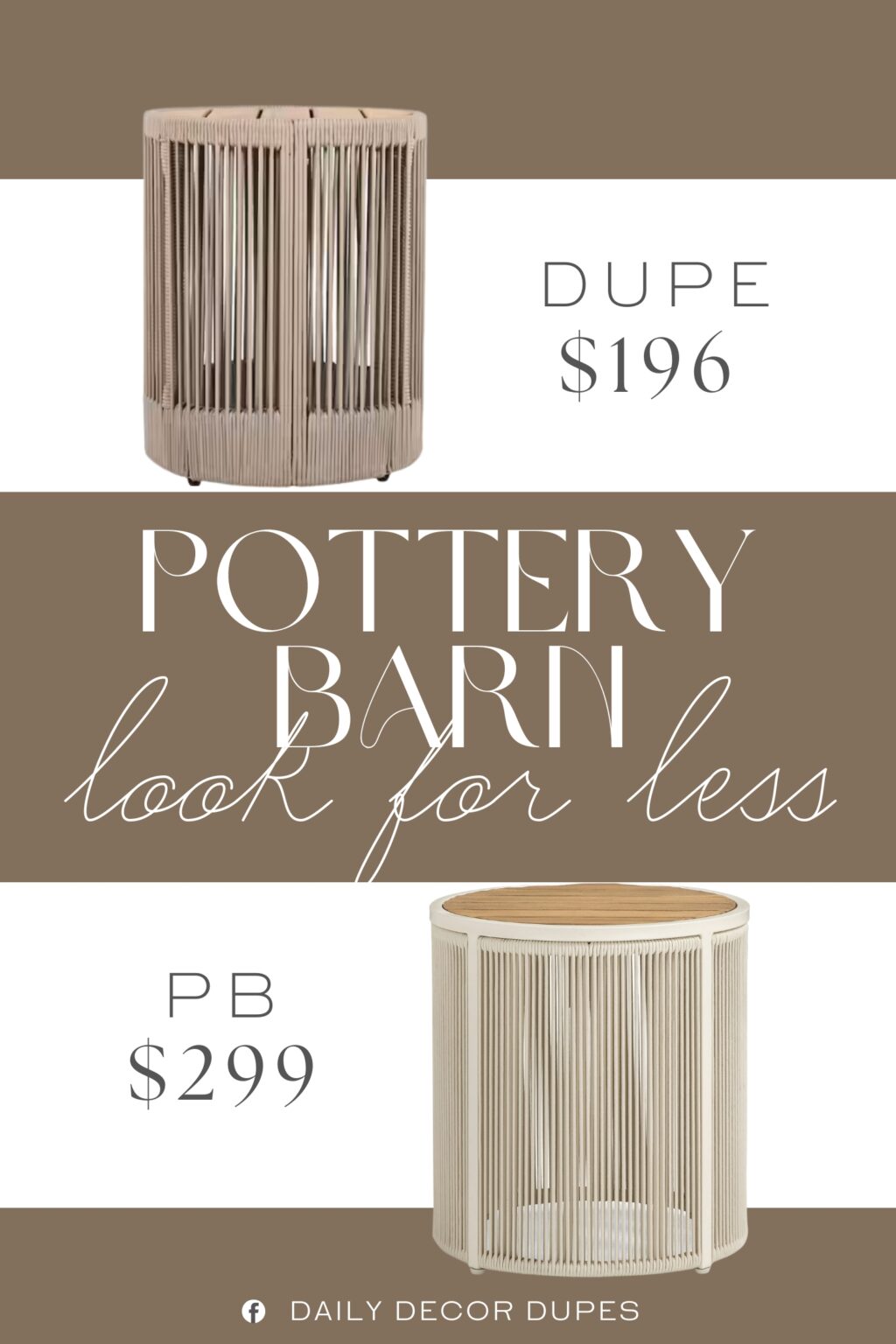 Pottery Barn Lakewood Rope Round Outdoor Side Table Dupe. Meticulously constructed with durable Acacia wood for the tabletop, sturdy iron for the frame, and high-quality rope for added detail.