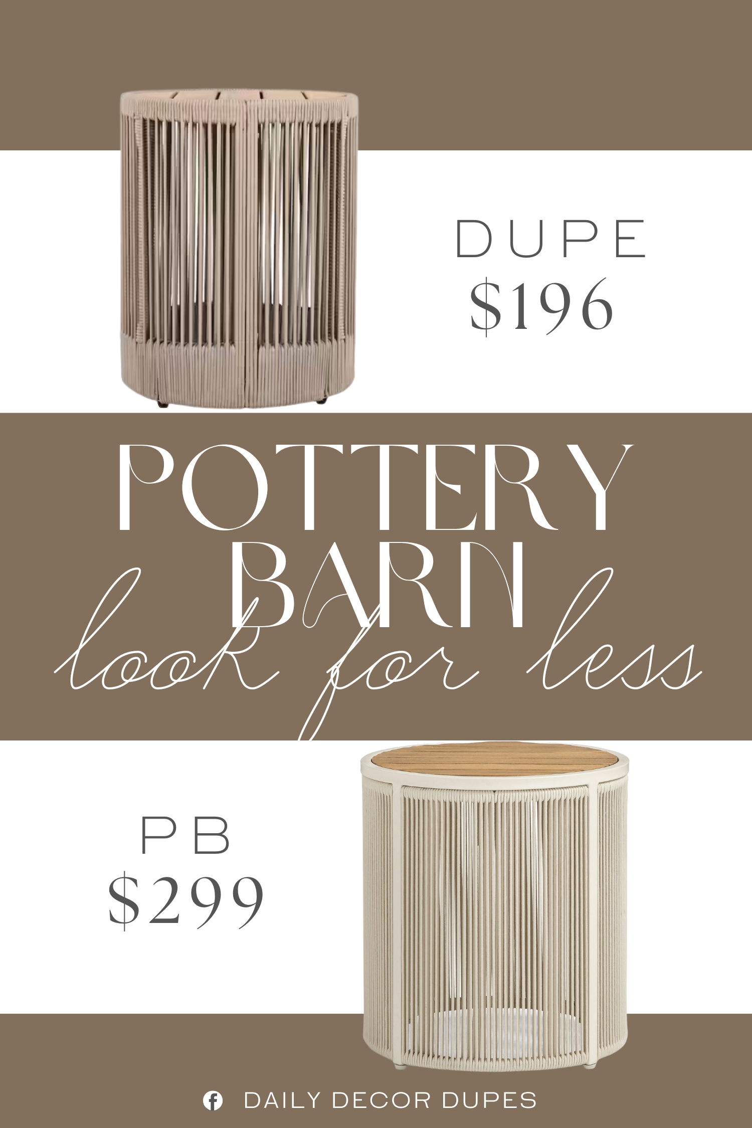 Pottery Barn Lakewood Rope Round Outdoor Side Table Dupe. Meticulously constructed with durable Acacia wood for the tabletop, sturdy iron for the frame, and high-quality rope for added detail.