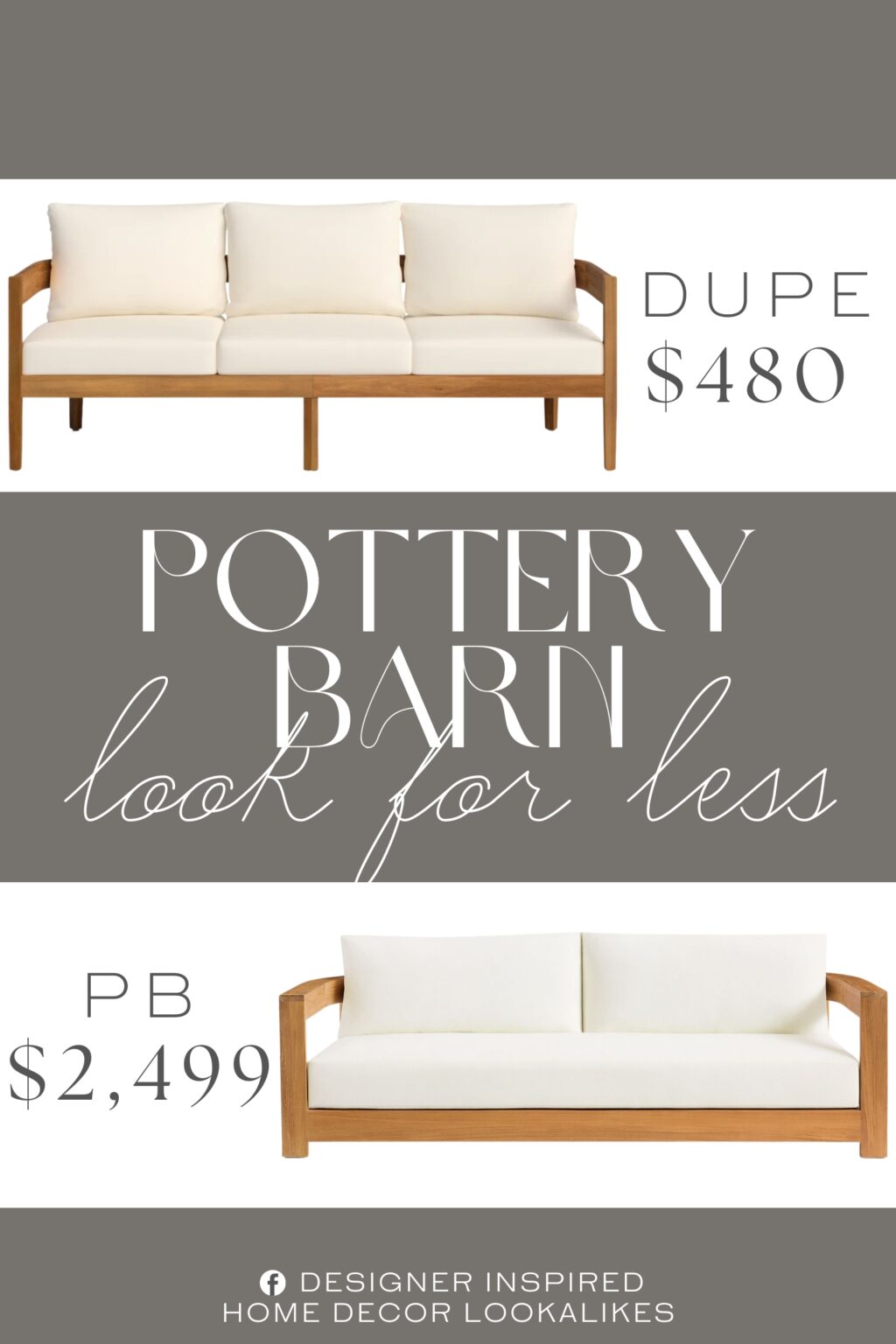Pottery Barn Malibu Teak Curved Outdoor Sofa Dupe. It is crafted from solid wood with a teak finish that highlights the natural grain variation, and it has a rounded, tuxedo-like silhouette, with a slatted design that is reminiscent of old-school deck furniture.