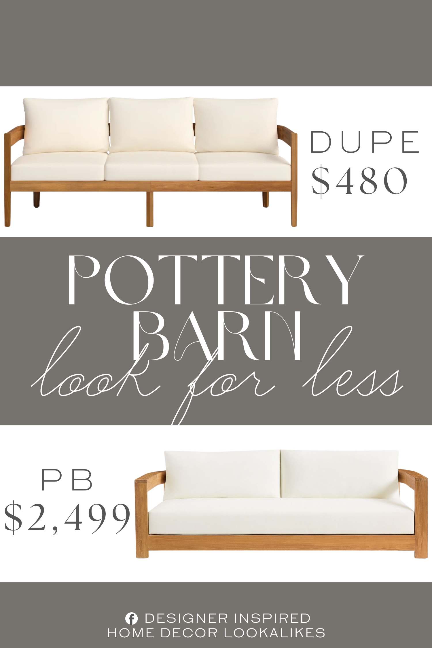 Pottery Barn Malibu Teak Curved Outdoor Sofa Dupe. It is crafted from solid wood with a teak finish that highlights the natural grain variation, and it has a rounded, tuxedo-like silhouette, with a slatted design that is reminiscent of old-school deck furniture.