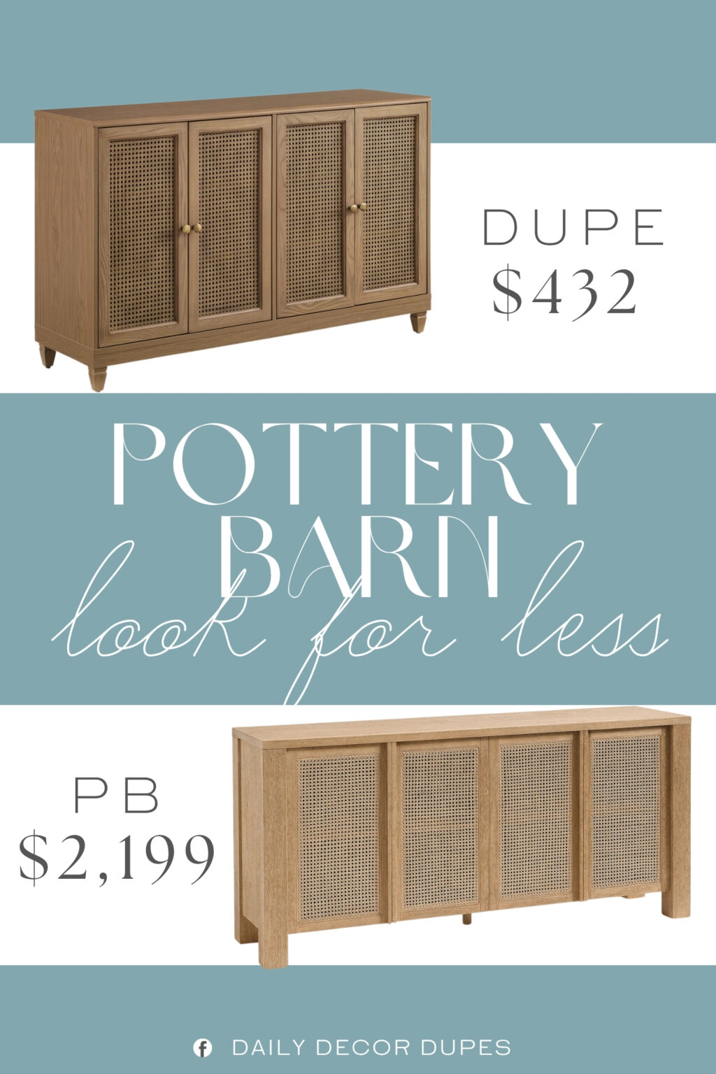 Pottery Barn Marina Cane Buffet Dupe. Finished in driftwood with wood-grain detailing and accented by caned inset door panels, this sideboard stands on turned feet with adjustable levelers. It complements modern farmhouse, coastal, and boho interiors.