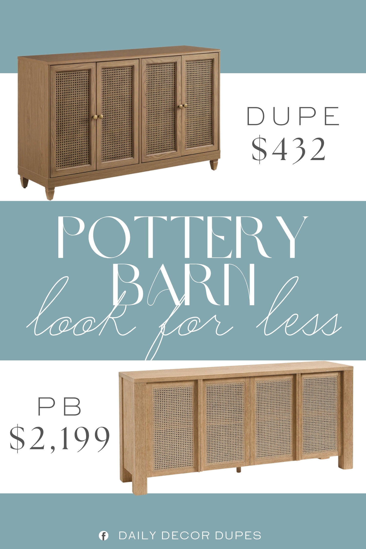 Pottery Barn Marina Cane Buffet Dupe. Finished in driftwood with wood-grain detailing and accented by caned inset door panels, this sideboard stands on turned feet with adjustable levelers. It complements modern farmhouse, coastal, and boho interiors.