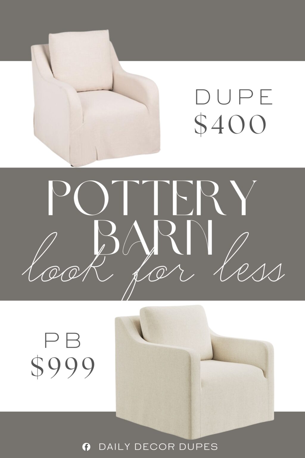 Pottery Barn Maxine Slipcovered Swivel Chair Dupe. removable back cushion, padded seat.