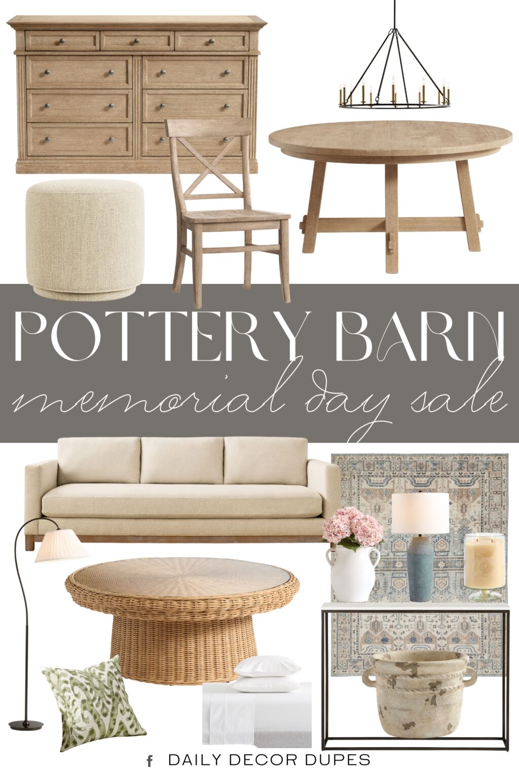Pottery Barn Memorial Day Sale 2026. Heritage Round Woven Coffee Table. Delaney Marble Console Table. Baylor Pleated Shade Task Floor Lamp. Livingston 9-Drawer Dresser. Faux Hydrangea Bundle. Canyon Ceramic Table Lamp. Toscana Round Extendable Dining Table. Aaron Dining Chair. Eclectic Villa Outdoor Planters. Jake Seadrift Wood Base Sofa. Remington Iron Round Chandelier. Jake Upholstered Swivel Stool. Stamped Glass Pedestal Candle. Nicolette Hand-Knotted Wool Rug. Delancey Embroidered Pillow Cover. Thread-Count Organic Percale Sheet Set.