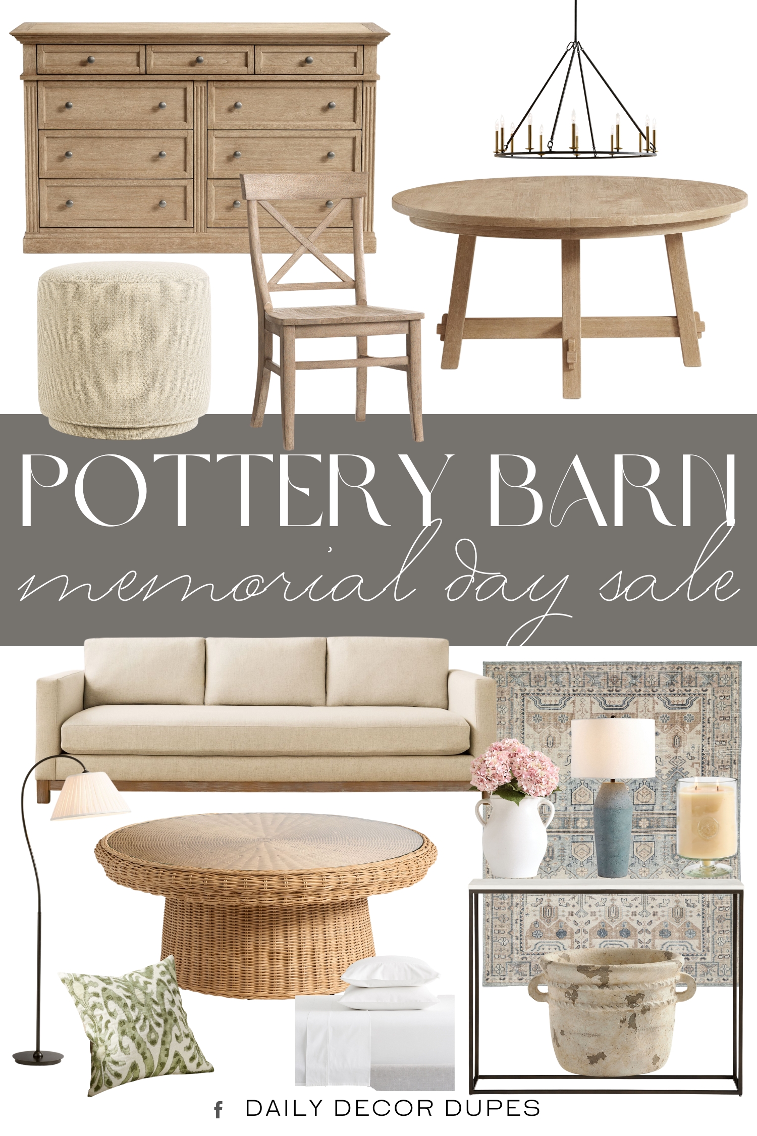 Pottery Barn Memorial Day Sale 2026. Heritage Round Woven Coffee Table. Delaney Marble Console Table. Baylor Pleated Shade Task Floor Lamp. Livingston 9-Drawer Dresser. Faux Hydrangea Bundle. Canyon Ceramic Table Lamp. Toscana Round Extendable Dining Table. Aaron Dining Chair. Eclectic Villa Outdoor Planters. Jake Seadrift Wood Base Sofa. Remington Iron Round Chandelier. Jake Upholstered Swivel Stool. Stamped Glass Pedestal Candle. Nicolette Hand-Knotted Wool Rug. Delancey Embroidered Pillow Cover. Thread-Count Organic Percale Sheet Set.