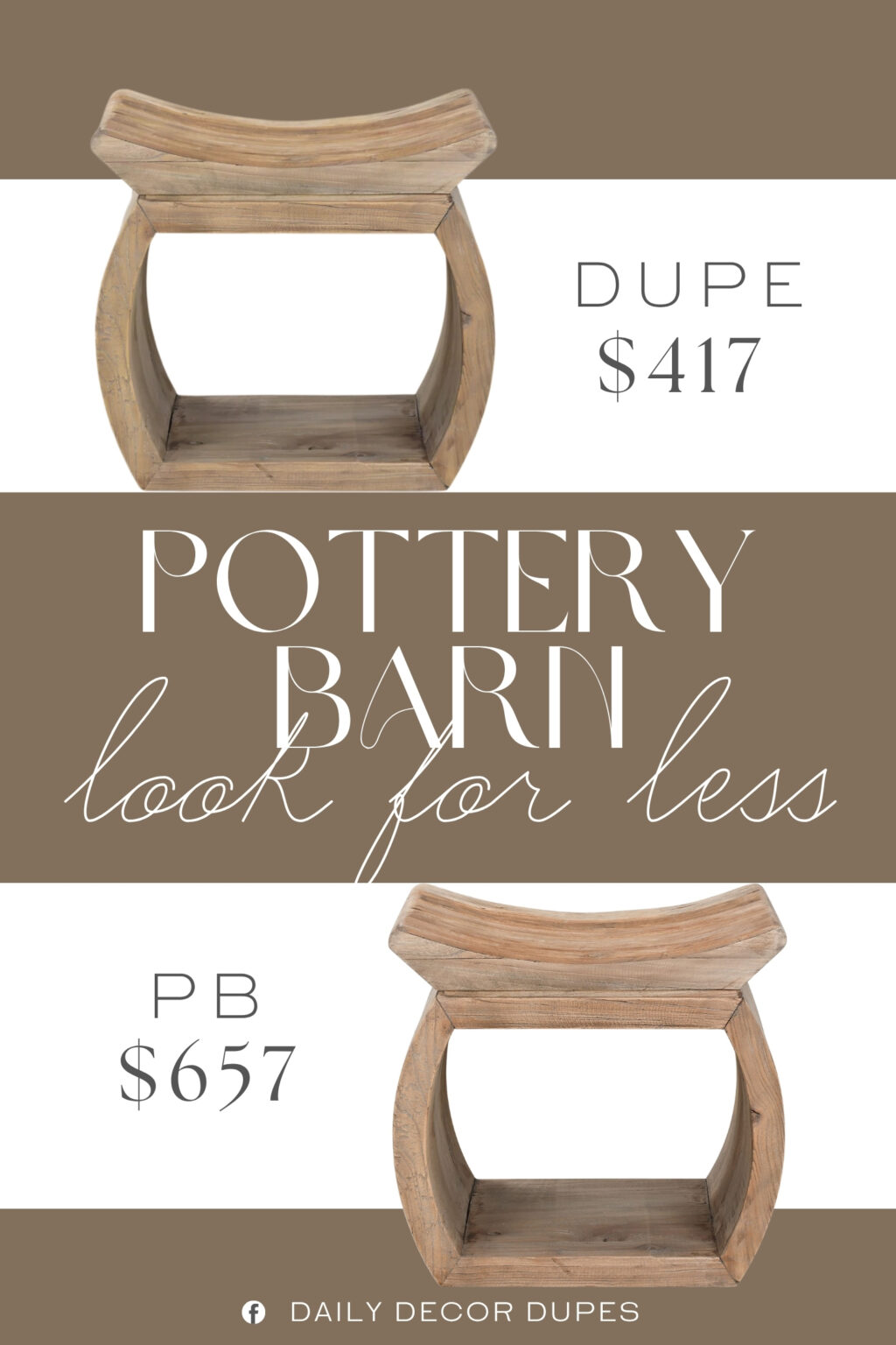 Pottery Barn Monica Reclaimed Elm Wood Accent Stool Dupe. This solid wood accent stool features a curved, saddle-style seat that provides a supportive surface for seating or displaying decor. It's crafted from solid elm with visible woodgrain for added depth, showcasing the natural character of the timber.