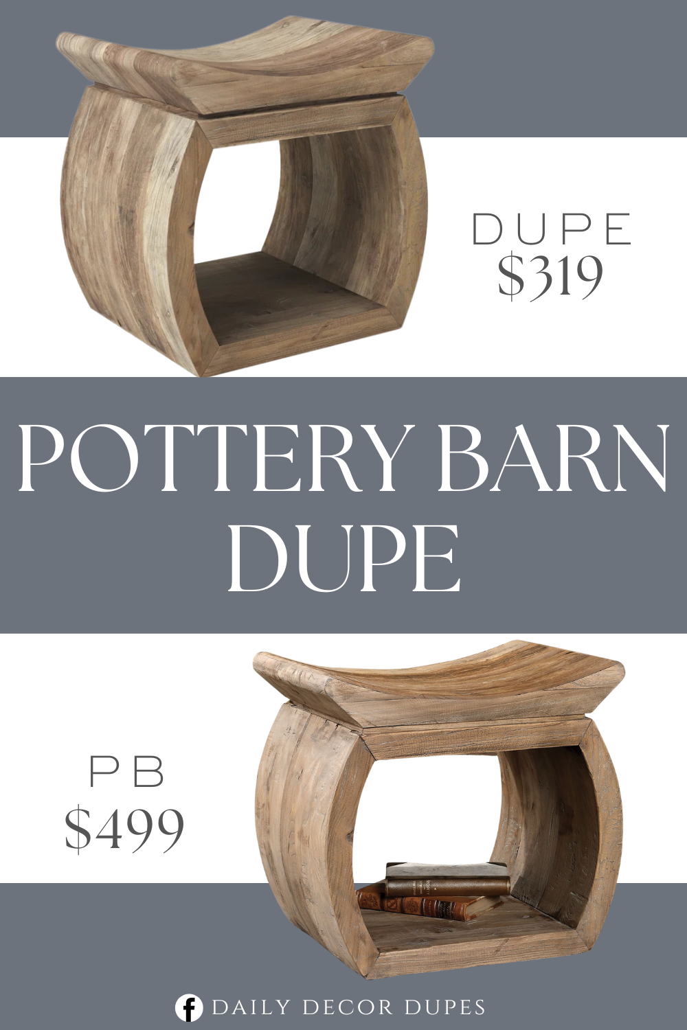 Pottery Barn Monica Reclaimed Elm Wood Accent Stool Dupe. Built of 100% reclaimed elmwood, featuring an eye-catching scooped seat. Each piece is complete with rich graining, distress marks, and shading, showcasing the unique history of each board.