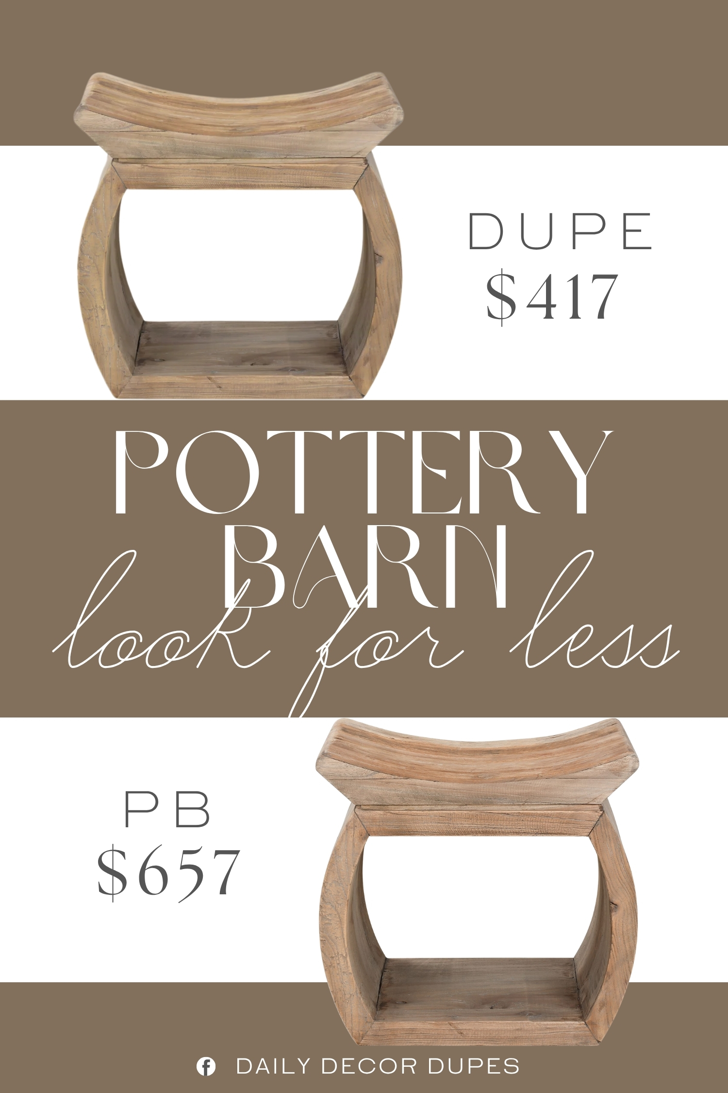 Pottery Barn Monica Reclaimed Elm Wood Accent Stool Dupe. This solid wood accent stool features a curved, saddle-style seat that provides a supportive surface for seating or displaying decor. It's crafted from solid elm with visible woodgrain for added depth, showcasing the natural character of the timber.