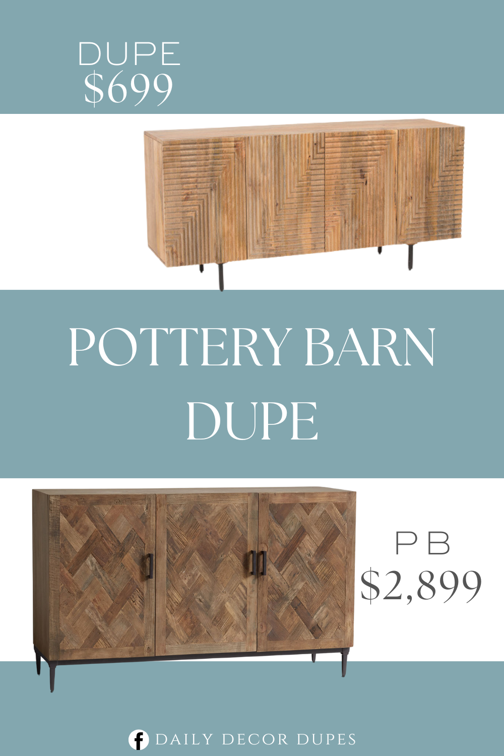 Pottery Barn Parquet Reclaimed Wood Buffet Dupe. 4 doors open to spacious cabinet with 2 shelves, fluted details. Made from natural wood finish. 63in W x 30in H x 18in L.