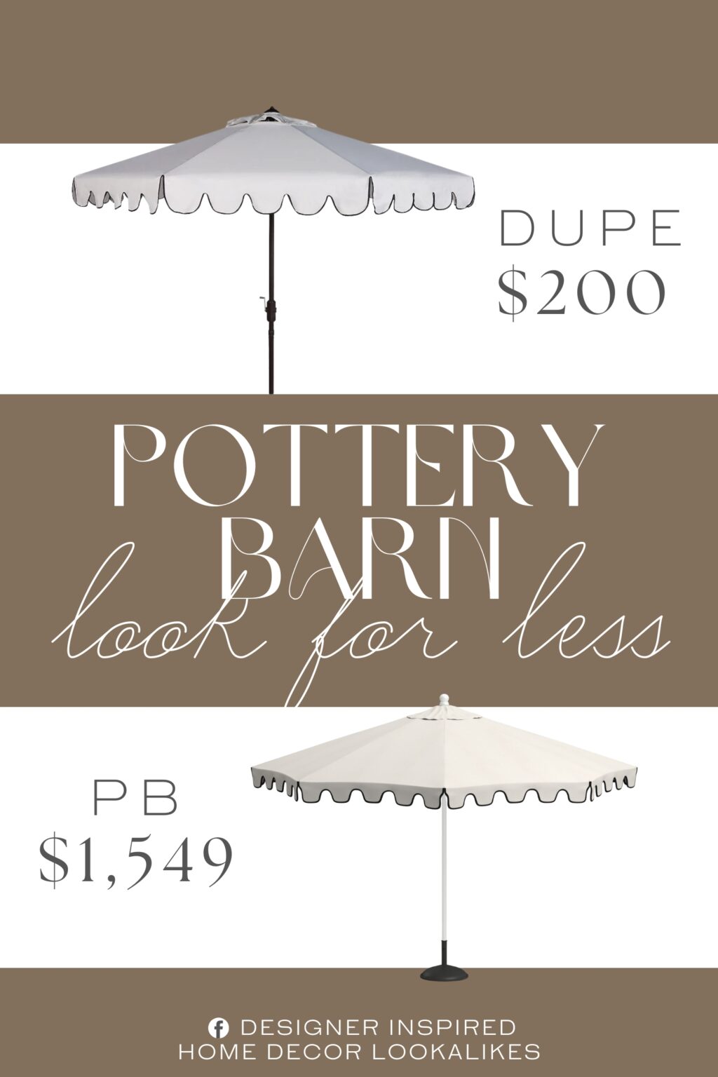 Pottery Barn Premium 9' Round Outdoor Patio Umbrella Dupe. featuring a scalloped trim for a retro look. It features Crank handle and Auto-tilt design.