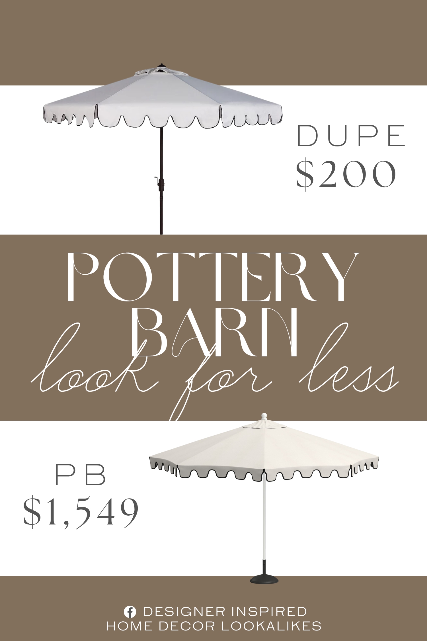 Pottery Barn Premium 9' Round Outdoor Patio Umbrella Dupe. featuring a scalloped trim for a retro look. It features Crank handle and Auto-tilt design.