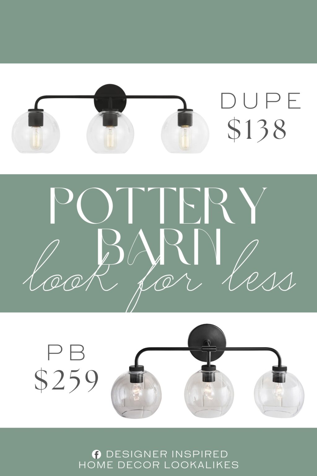 Pottery Barn Reagan Triple Globe Sconce Dupe. This 3-light vanity fixture brings a bold retro look to your bathroom with its glass globe-like dome shades and sleek metal finish.