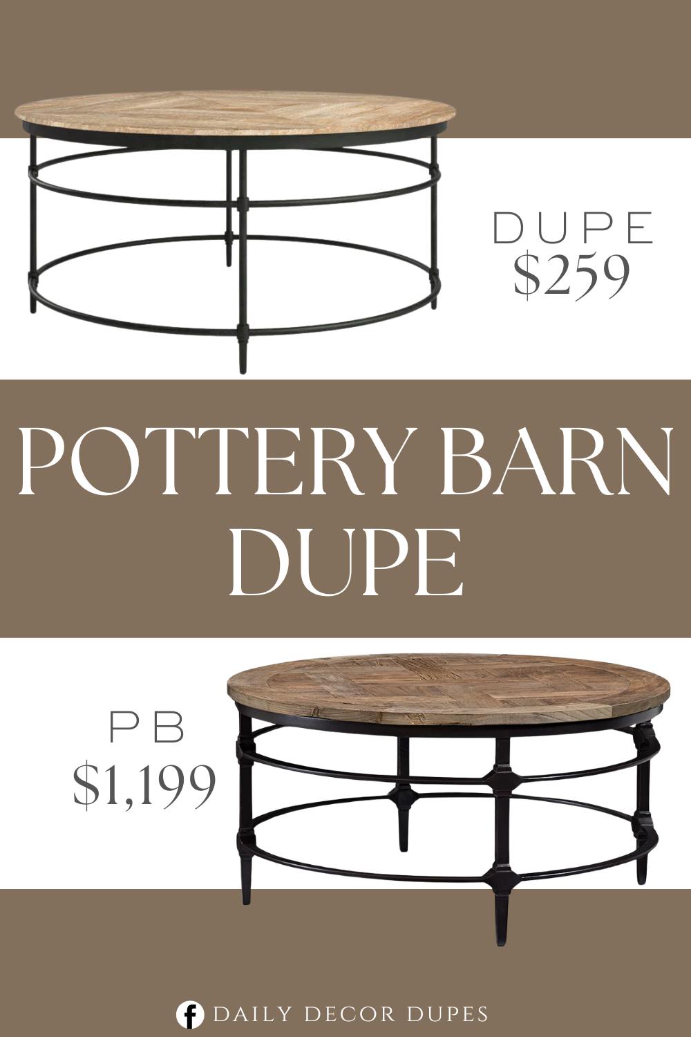 Pottery Barn Round Reclaimed Wood Coffee Table Dupe. Constructed of solid mango, metal, and steel for stability and long-lasting durability. Lightly sand-blasted, pickled finish and gunmetal legs will complement any home décor. The round shape will enhance any room and add balance to your space.