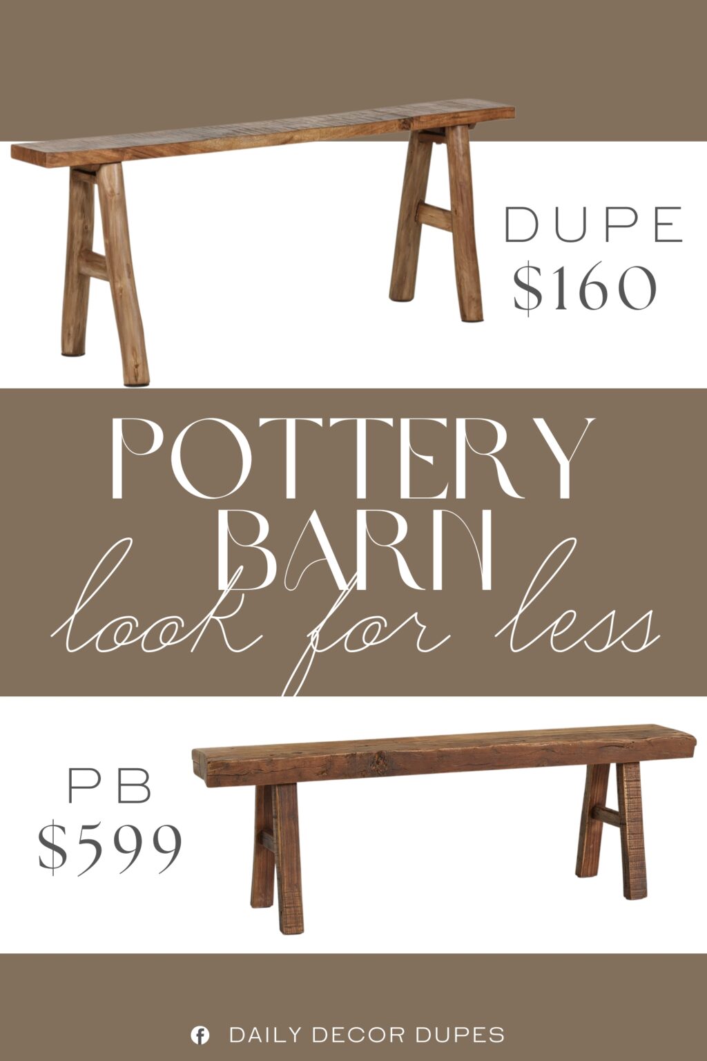 Pottery Barn Rustic Reclaimed Wood Bench Dupe. Crafted from solid acacia wood and finished to showcase its natural grain, this bench features a clean rectangular top and sawhorse-style legs for a hint of rustic, outdoorsy charm.