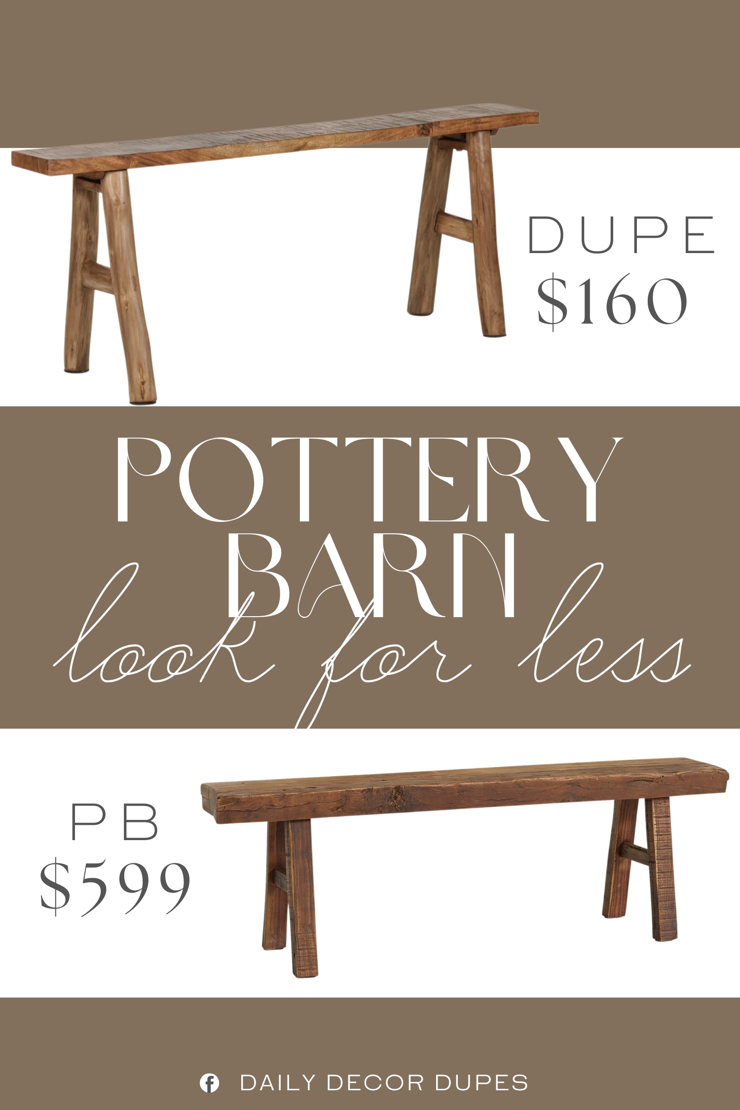 Pottery Barn Rustic Reclaimed Wood Bench Dupe. Crafted from solid acacia wood and finished to showcase its natural grain, this bench features a clean rectangular top and sawhorse-style legs for a hint of rustic, outdoorsy charm.