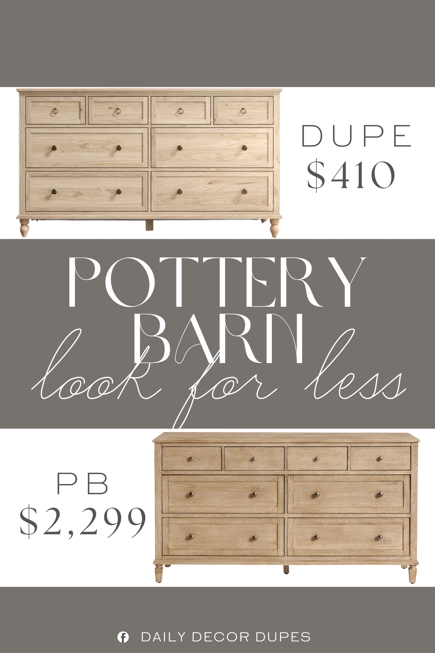 Pottery Barn Sausalito 8-Drawer Dresser Dupe. Made with solid wood veneer and solid wood legs, each grain undergoes meticulous polishing. Complemented by vintage brass handles, it radiates understated luxury while bringing a natural, warm ambiance to your bedroom.