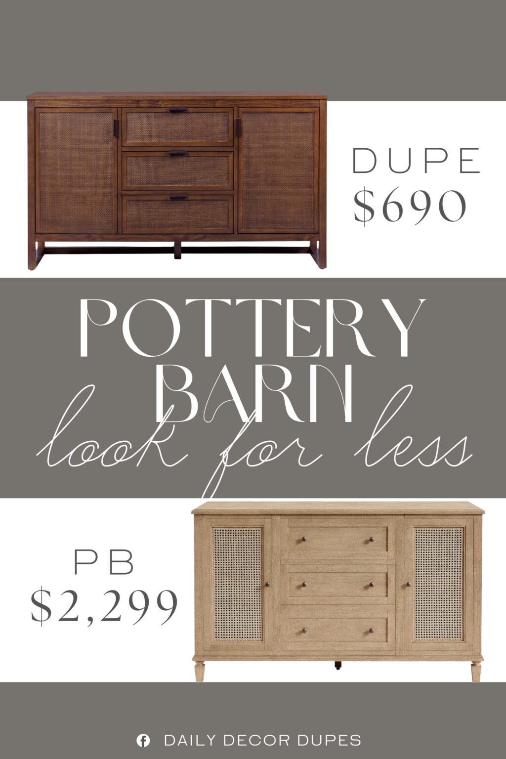 Pottery Barn Sausalito Cane Extra Wide Dresser Dupe. Crafted from solid pine wood frames, MDF and rattan in a black finish, it blends storage and style.