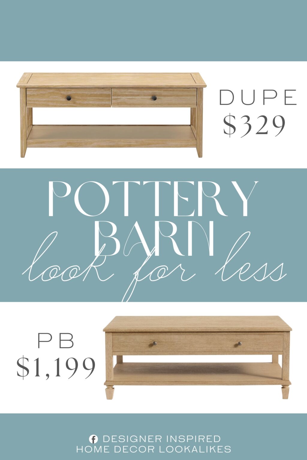 Pottery Barn Sausalito Rectangular Coffee Table Dupe. Made of 100% solid wood using blockboard construction. Drawers feature wood glides and replaceable, metal pulls.