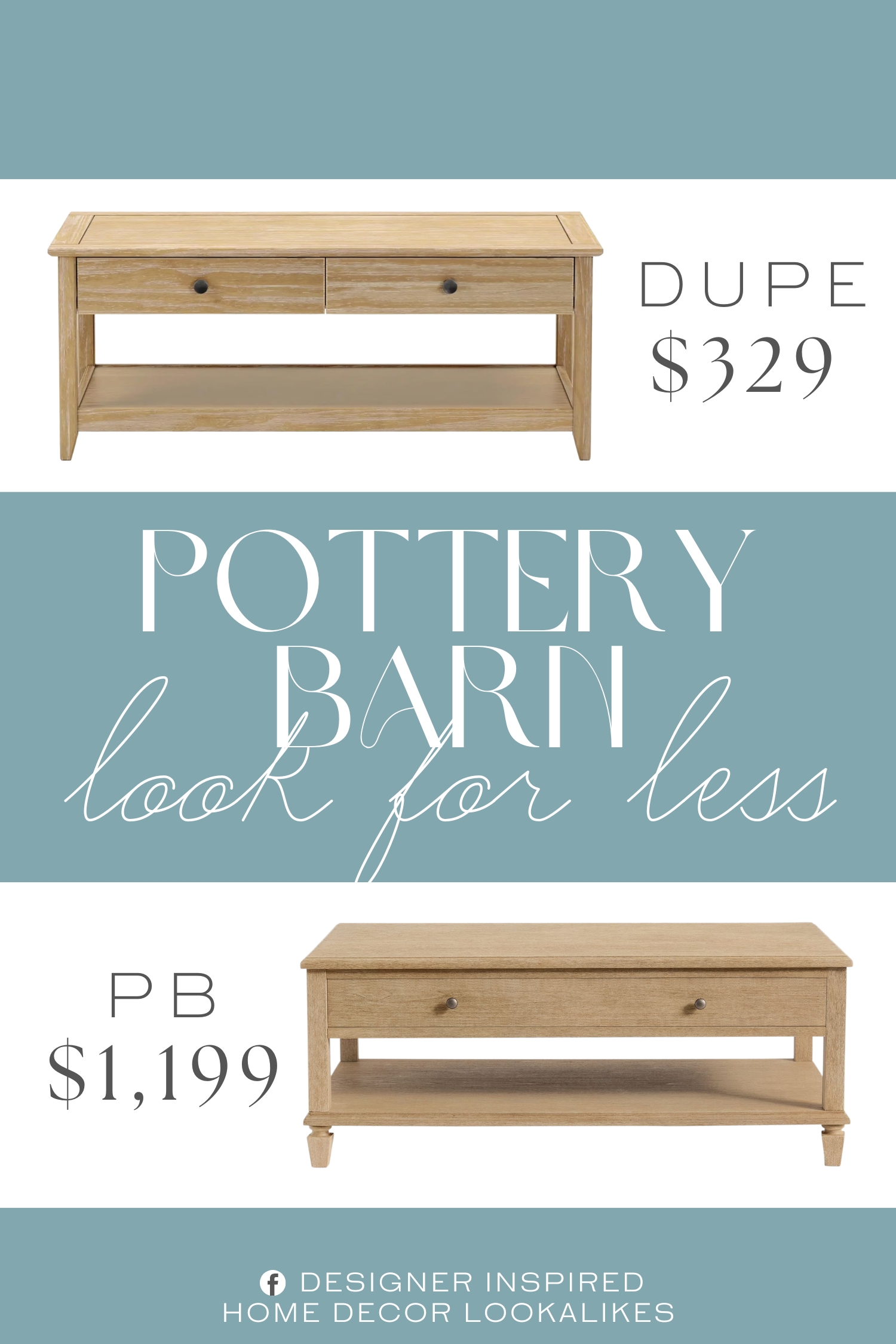 Pottery Barn Sausalito Rectangular Coffee Table Dupe. Made of 100% solid wood using blockboard construction. Drawers feature wood glides and replaceable, metal pulls.