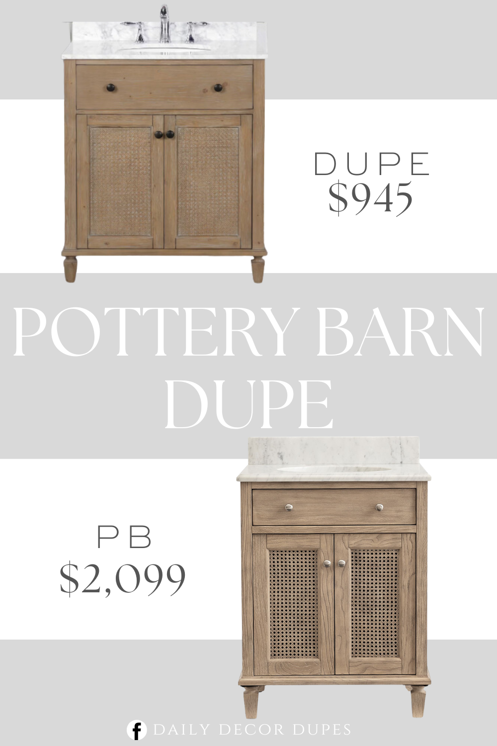 Pottery Barn Sausalito Single Sink Bathroom Vanity Dupe. Constructed of furniture-grade solid fir wood for durability. Soft-closing doors reveal ample secure storage space. Features a round undermount sink set in Carrara marble countertop.