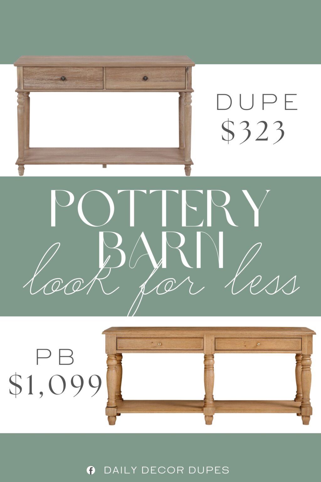 Pottery Barn Sawyer Console Table Dupe. Crafted of wire-brushed natural wood, the Rafe console table features two drawers and an open shelf in an airy, elegant frame with traditional turned legs. Made of acacia wood and rubber wood with wire-brush distressing and metal hardware with dark-bronze finish