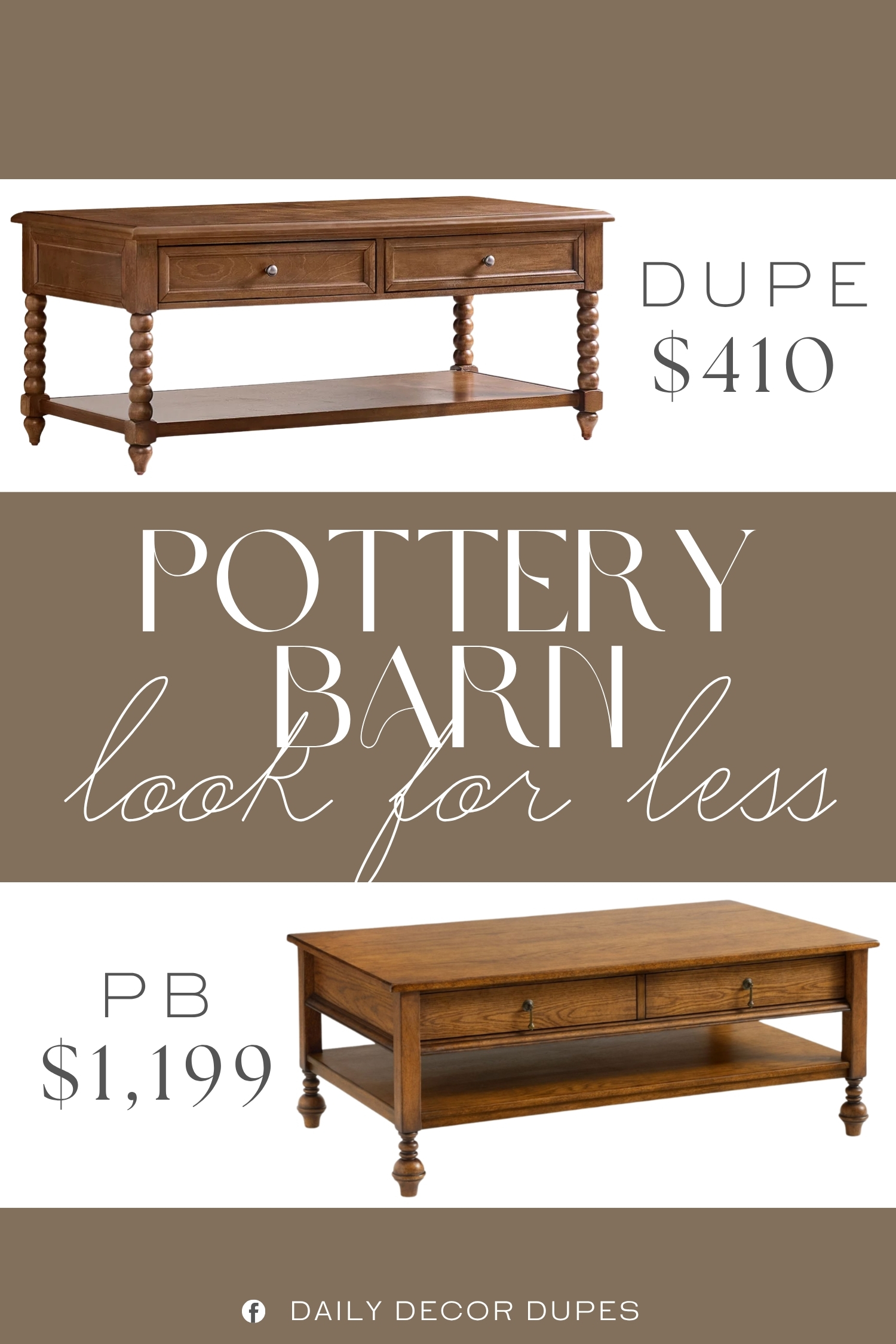 Pottery Barn Summerville Rectangular Coffee Table Dupe. Designed with two spacious drawers, it offers plenty of room to keep remotes, books, magazines, and everyday essentials neatly tucked away. The metal handles add a refined accent, while the sculpted gourd-shaped solid wood legs create a charming handcrafted look.