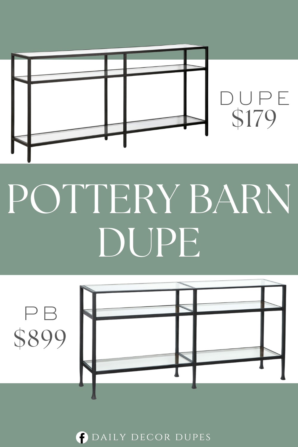 Pottery Barn Tanner Grand Console Table Dupe. Blackened Bronze color. Glass and Tempered Glass top material type. Metal frame material. Rectangular shape.