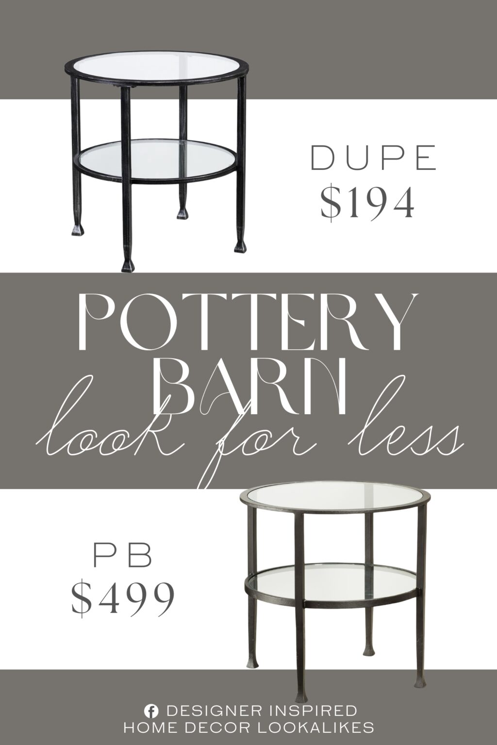 Pottery Barn Tanner Round Glass End Table Dupe. Frame is hand painted by skilled artisans in a purposefully distressed finish. Distressed metal base adds character. Features a clear tempered glass round tabletop and shelf surface.