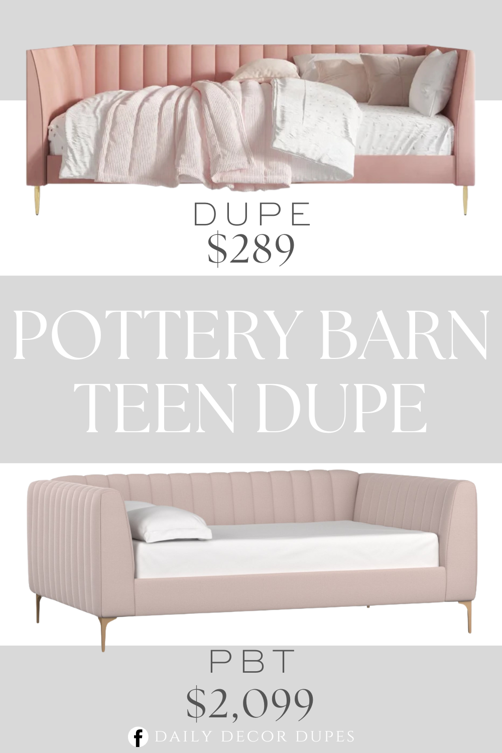 Pottery Barn Teen Avalon Channel Stitch Upholstered Daybed Dupe. This glam 85'' twin daybed boasts a Chesterfield-inspired silhouette, complete with crisp tuxedo arms and vertical channel tufting for a tailored look. Padded with foam filling and upholstered in luxe velvet fabric in a jewel tone of your choice, it adds sophistication to any space. With its slatted frame and solid and engineered wood construction, no box spring is needed.