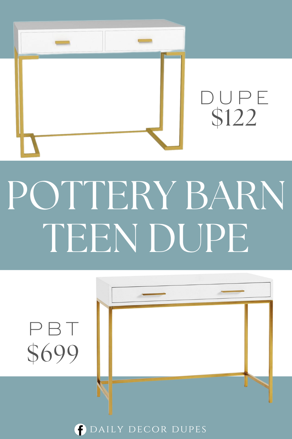 Pottery Barn Teen Blaire Writing Desk Dupe. Made of high quality MDF and a thick steel base, this desk is sturdy, durable, and built to last, making it an ideal addition to any home or office space. Classic white tabletop paired with power-coated gold metal frame base, it adds a touch of luxury to your interior design.