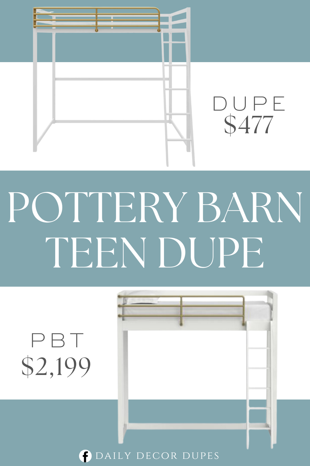 Pottery Barn Teen Waverly Loft Bed Dupe. Solid metal construction with full-length guardrails and an angled ladder with wide steps to ensure both security and durability.