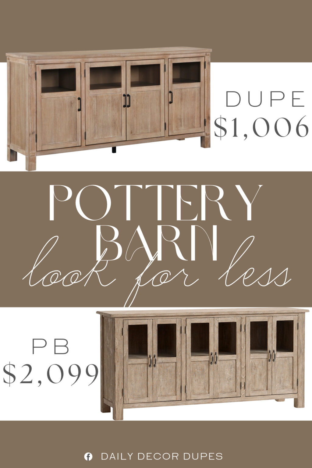 Pottery Barn Toscana Buffet Dupe. Crafted with acacia veneer, its relaxed silhouette offers four framed glass doors for showcasing your favorite dishes, ceramics, or beachy treasures.