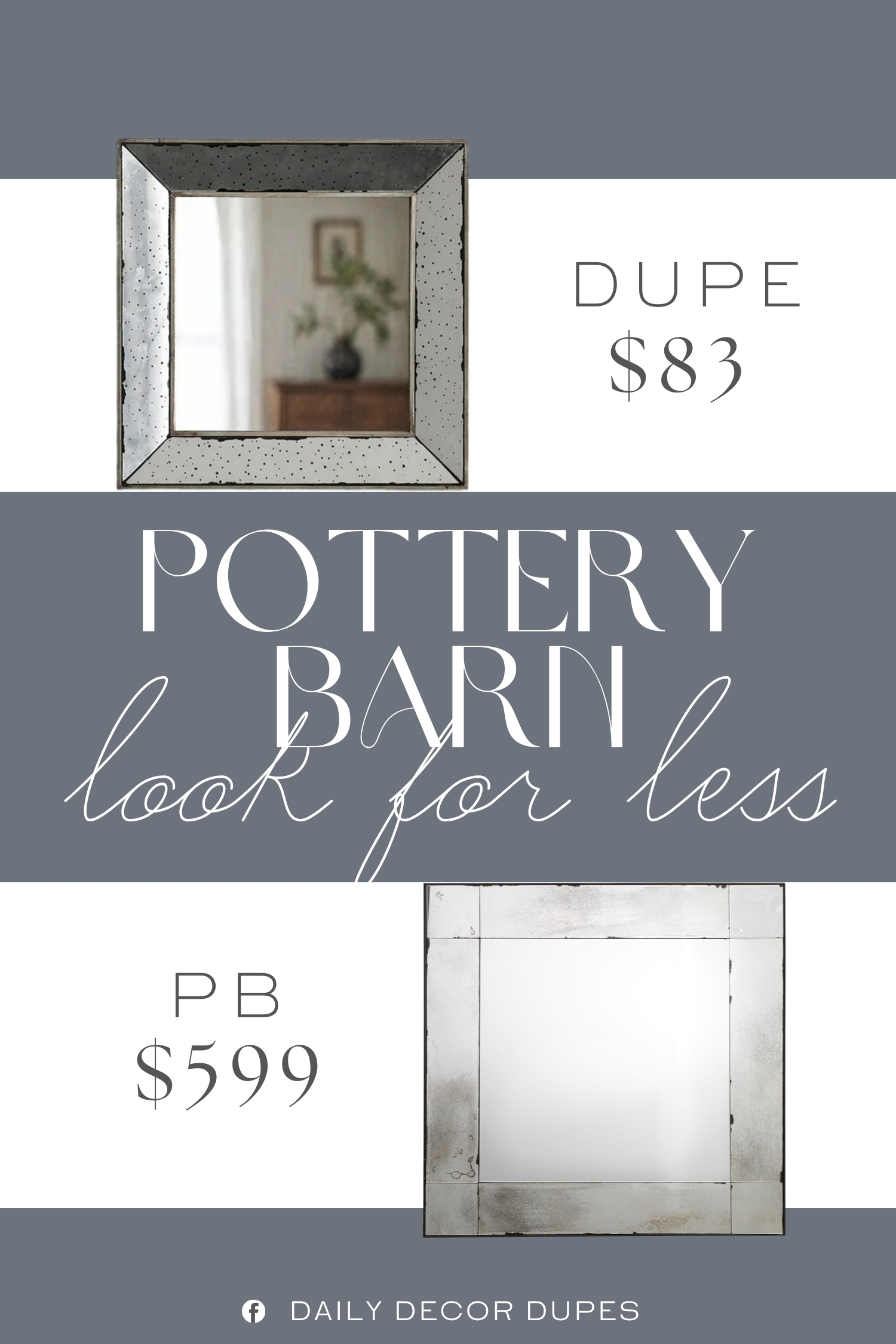 Pottery Barn Tribeca Square Mirror Dupe. Boasting a unique hexagonal silhouette and an intriguing frame that is coated in an antique silver finish, this accent mirror will provide a strong vintage flair to your decor.
