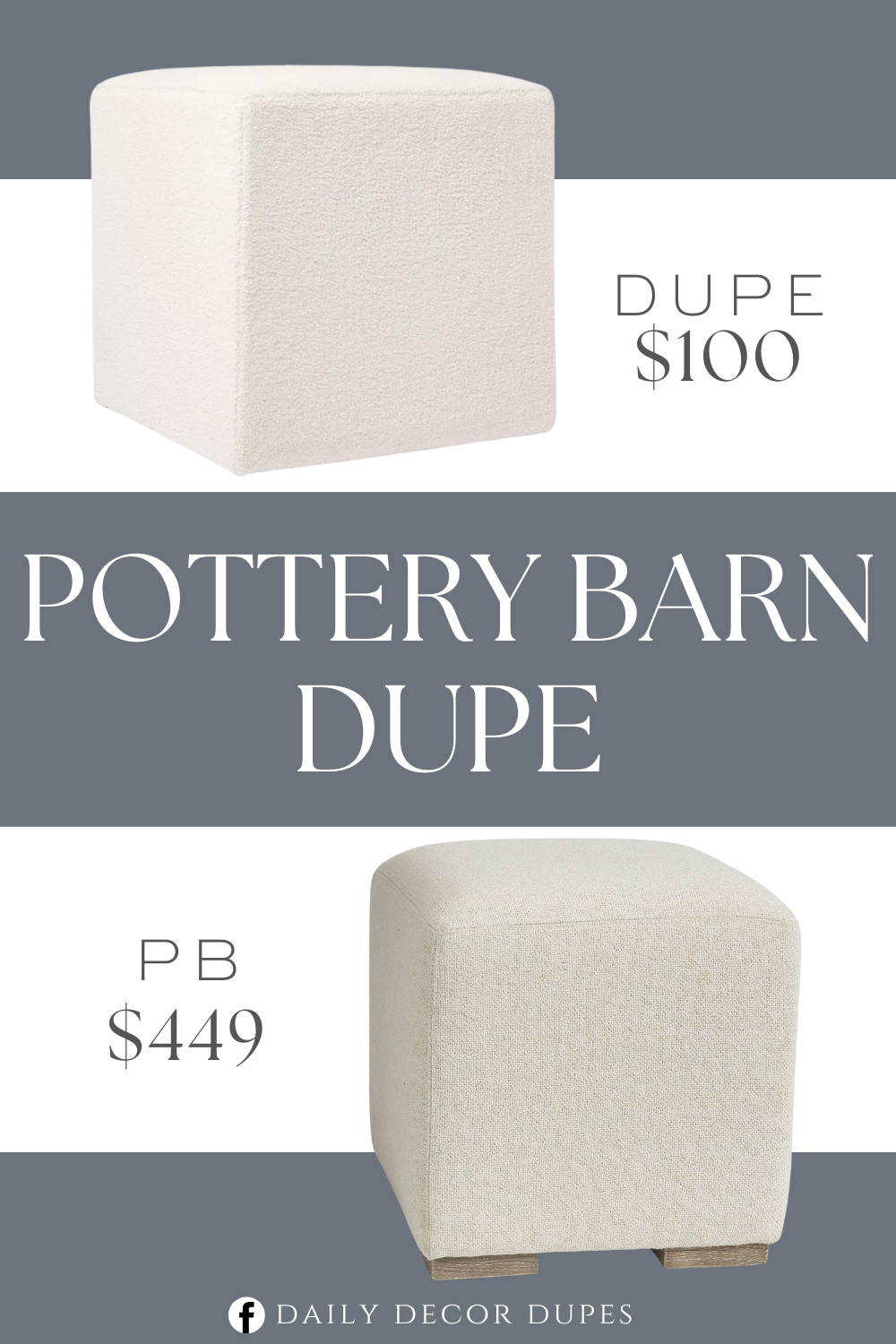 Pottery Barn Universal Cube Ottoman Dupe. Square (shape). Plywood (Frame) material. Padded Seat. Upholstered seat.