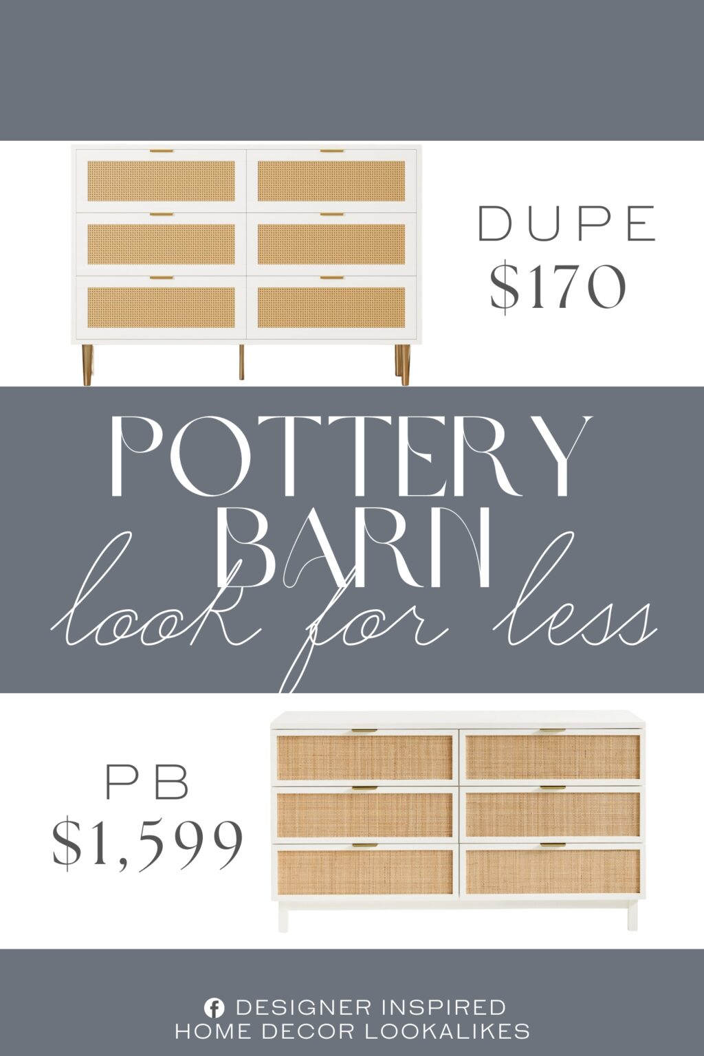 Pottery Barn Westly Cane 6-Drawer Dresser Dupe. Constructed from thick engineered wood, this wooden chest of drawers resists wear and deformation. Sturdy metal legs ensure stability, while metal hinges enhance drawer durability for long-lasting use